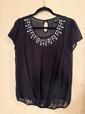 new directions Black Blouse with Faux-Pearl Neck Embellishment